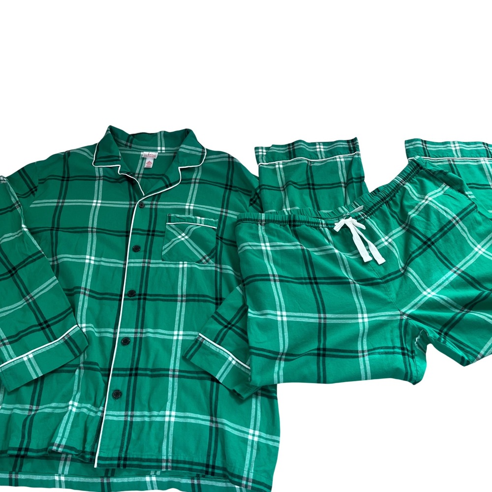 Wondershop‎ Mens XL Pajama Set Green Plaid 100% Cotton Button Down Holiday PJs
